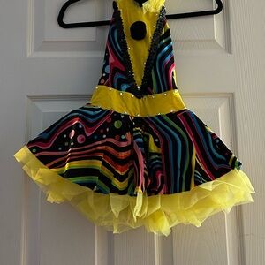 Yellow & Multicolor Swirl Girls' Dance Costume with Ruffled Tulle Skirt